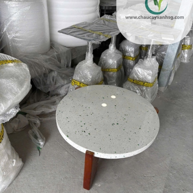 Bàn Sofa Chân Gỗ Mặt Đá Terrazzo